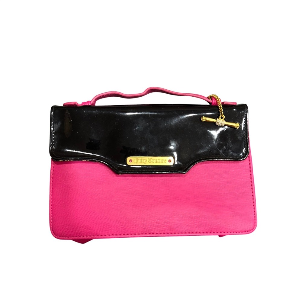 Juicy Couture Hot Pink and Black Patent Foldover Clutch Bag Gold Logo Toggle